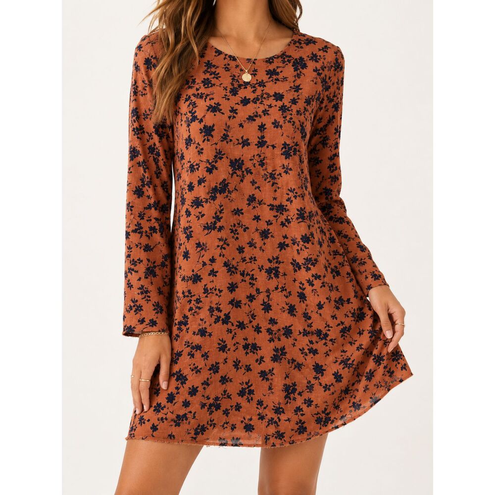 Kimchi Blue Rust Navy Floral Raw Hem Shift Dress S Boho Cottagecore Mini